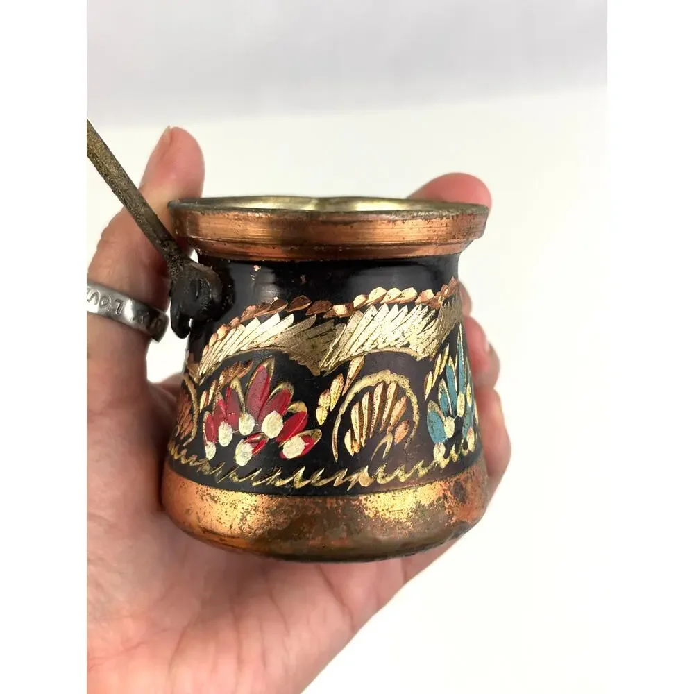 Vintage Turkish Hand Painted Copper Coffee Pot Kettle Decor Cezve Wooden Handle‎